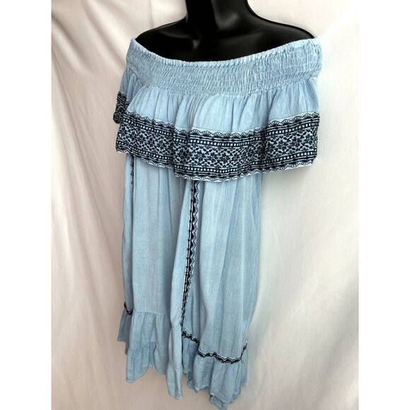 Muche Muchette Off Shoulder Embroidered Blue Dress One Size Ethnic Boho Smocked - Picture 3 of 11